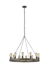 Load image into Gallery viewer, Weathered Oak Wood / Antique Forged Iron Avenir 12 Light 36&quot; Wide Wrought Iron Ring Chandelier with Antique Forged Iron Chains